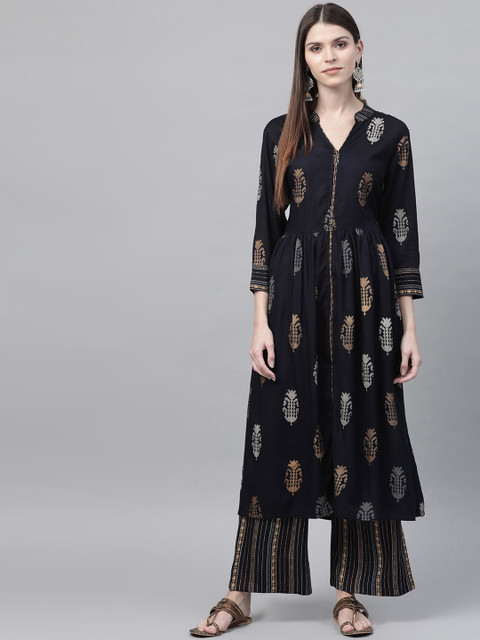 

AHIKA Women Navy Blue & Golden Printed Kurta with Palazzos