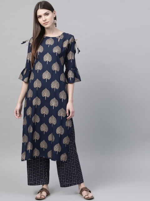 

AHIKA Women Navy Blue & Golden Printed Kurta with Palazzos