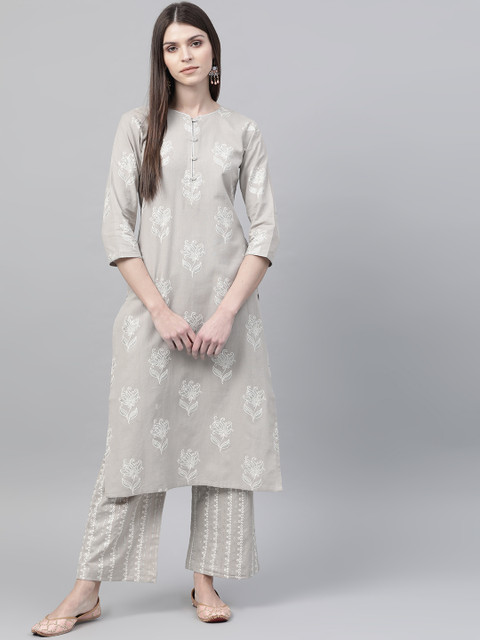 

AHIKA Women Grey & Off-White Printed Kurta with Palazzos