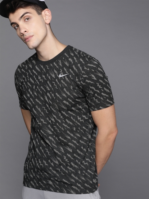 

Nike Men Charcoal Grey Printed Round Neck Dfct Wr Burn Running T-shirt