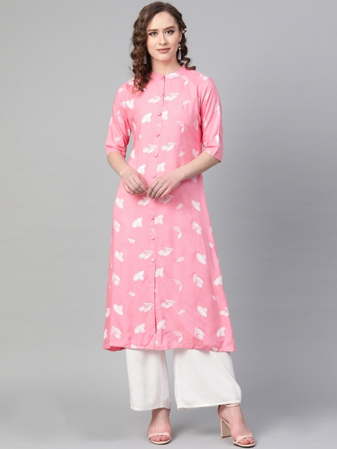 

Sbo Fashion Women Pink & White Leaf Print A-Line Kurta