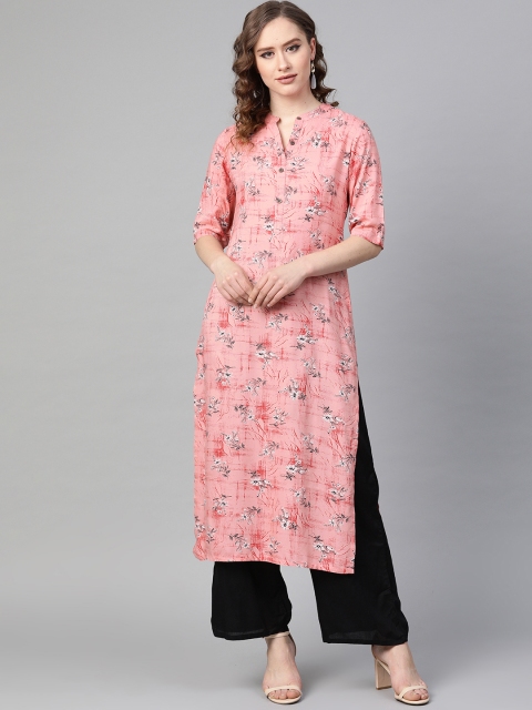 

Sbo Fashion Women Coral Pink & Navy Blue Floral Printed Straight Kurta