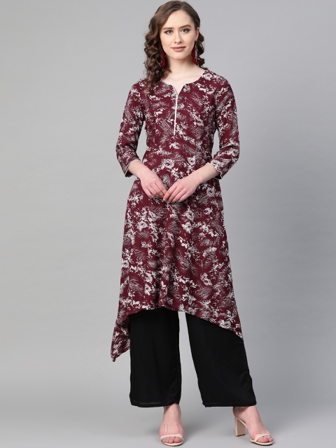 

Sbo Fashion Women Maroon & White Printed Asymmetric A-Line Kurta