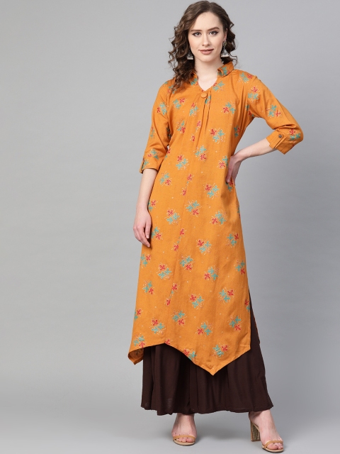 

Sbo Fashion Women Mustard Brown & Green Printed Straight Asymmetric Kurta