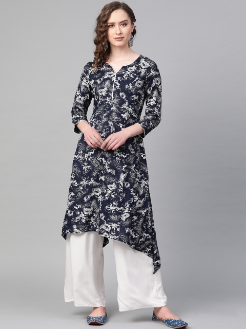 

Sbo Fashion Women Navy Blue & White Printed Asymmetric A-Line Kurta