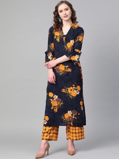 

Sbo Fashion Women Navy Blue & Mustard Yellow Printed Kurta with Palazzos