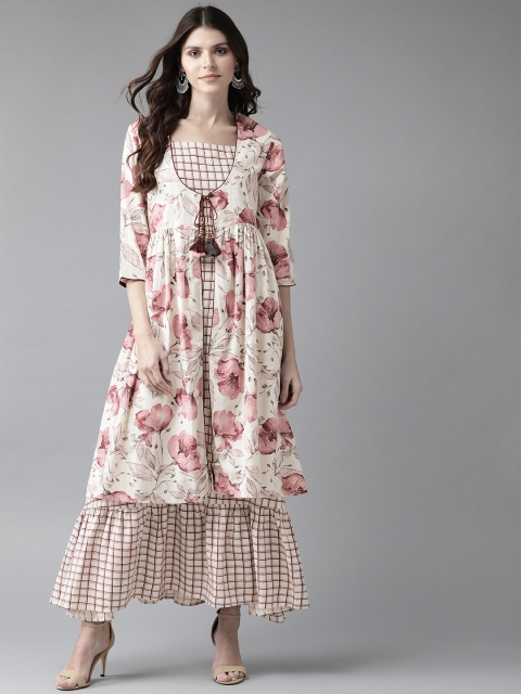 

Shree Women Off-White & Pink Checked Maxi Dress with Ethnic Jacket