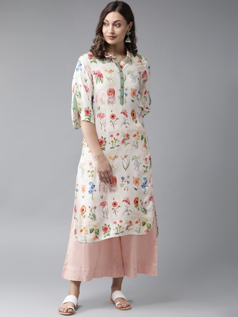 

Shree Women Off-White & Coral Pink Floral Printed Straight Kurta