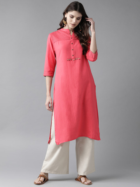 

Shree Women Coral Pink Yoke Design Straight Kurta