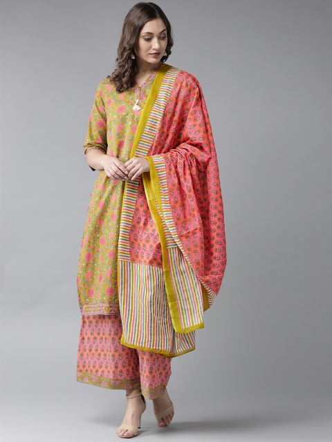 

Shree Women Green & Pink Printed Kurta with Palazzos & Dupatta