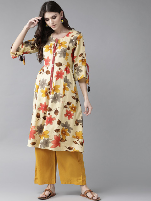 

Shree Women Cream-Coloured & Mustard Yellow Floral Printed A-Line Kurta