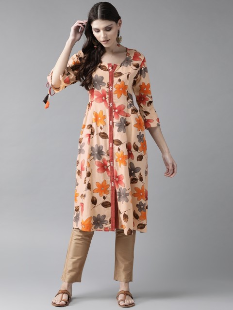 

Shree Women Peach-Coloured & Orange Floral Printed A-Line Kurta