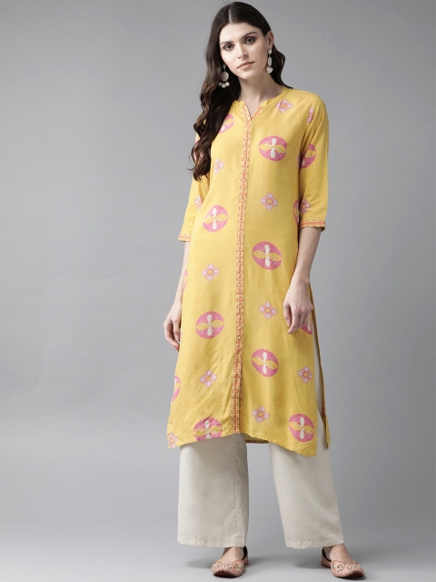 

Shree Women Mustard Yellow & Pink Quirky Printed Straight Kurta