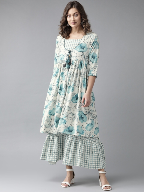 

Shree Women Off-White & Blue Checked Maxi Dress with Ethnic Jacket