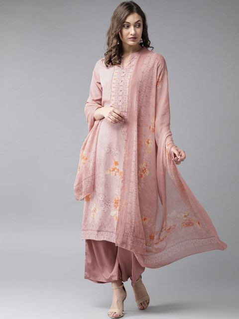

Shree Women Dusty Pink & Orange Printed Kurta with Palazzos & Dupatta