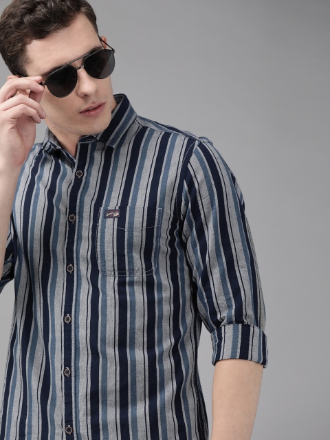 

U.S. Polo Assn. Denim Co. Men Navy Blue & Grey Slim Fit Striped Casual Shirt