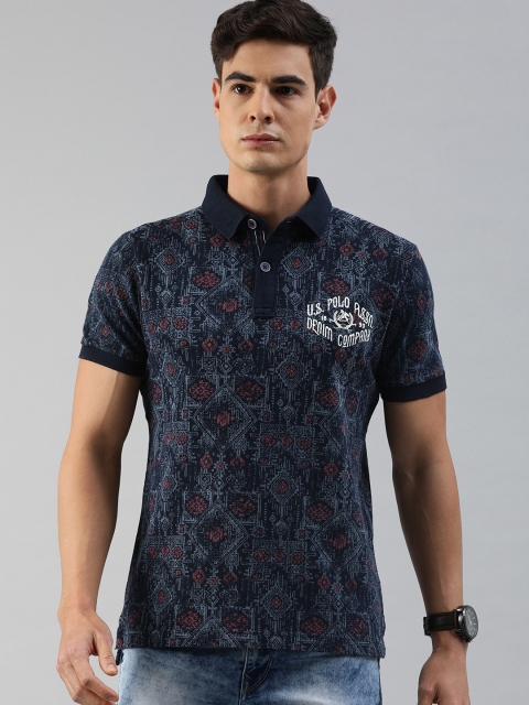 

U.S. Polo Assn. Denim Co. Men Navy Blue Red Printed Polo Collar Pure Cotton T-shirt