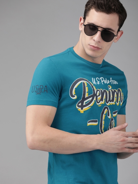 

U.S. Polo Assn. Denim Co. Men Turquoise Blue Printed Round Neck T-shirt