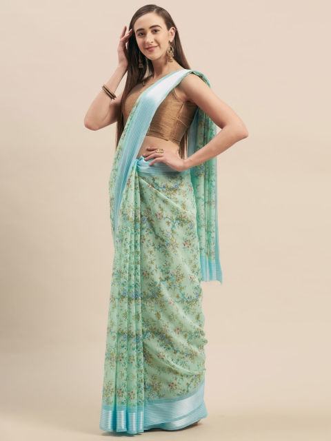 

Stylee LIFESTYLE Green & Blue Linen Blend Printed Saree