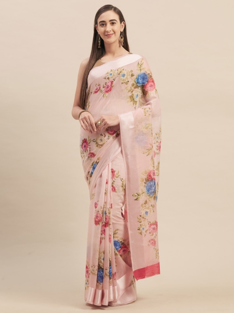

Stylee LIFESTYLE Pink & Green Linen Blend Printed Saree