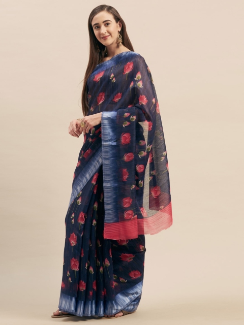

Stylee LIFESTYLE Navy Blue & Pink Linen Blend Printed Saree