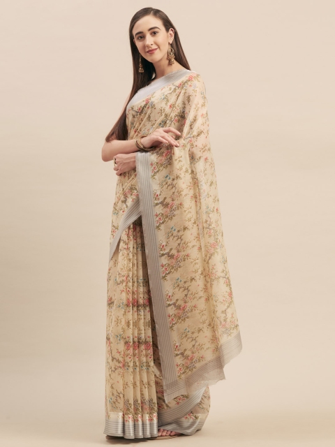 

Stylee LIFESTYLE Beige Printed Linen Blend Saree
