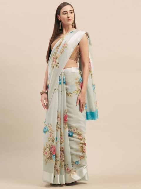 

Stylee LIFESTYLE Off-White & Blue Linen Blend Printed Saree