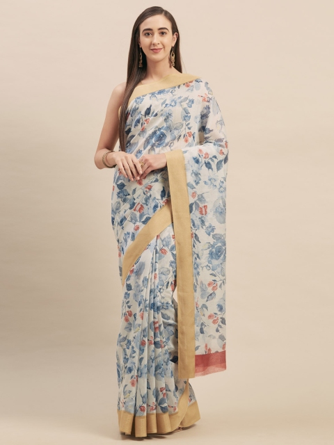 

Stylee LIFESTYLE Grey & Blue Cotton Blend Printed Saree