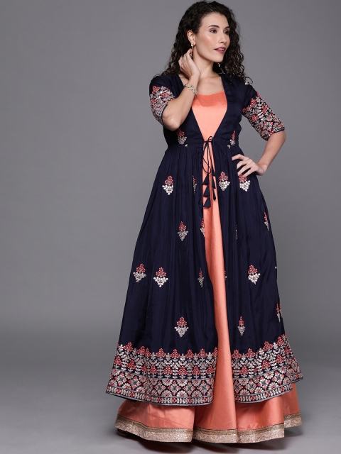 

EthnoVogue Women Peach-Coloured Made to Measure Maxi Dress With Ethnic Jacket