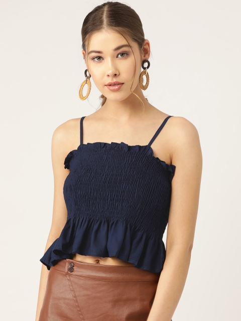 

Trend Arrest Women Navy Blue Smocked Crop Fitted Top