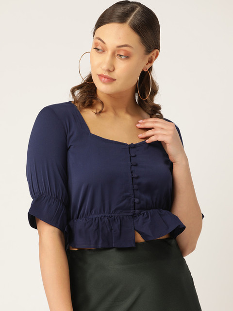

Trend Arrest Women Navy Blue Cropped Solid Cinched Waist Top