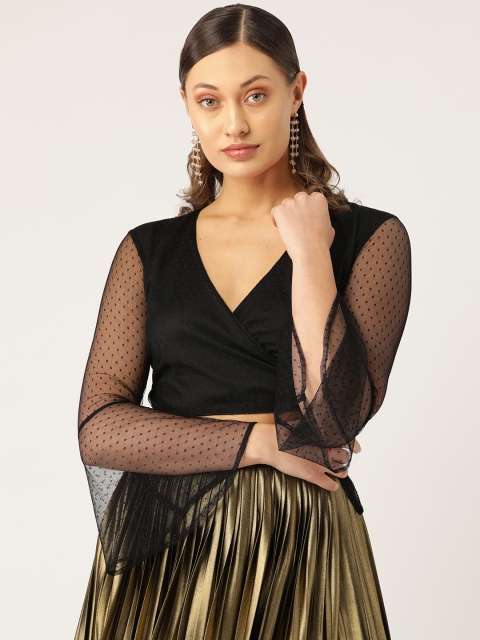 

Trend Arrest Women Black Self Design Crop Wrap Top