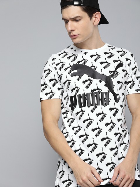 

Puma Men White Black AOP Logo Printed Round Neck Pure Cotton T-shirt