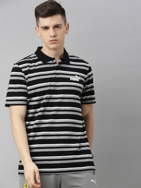 

Puma Men Black & White Essentials+ Striped Polo Collar T-shirt