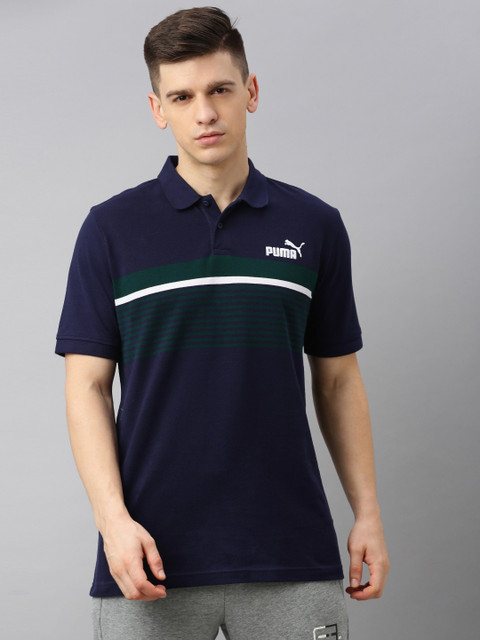 

Puma Men Navy Blue Striped Polo Collar T-shirt