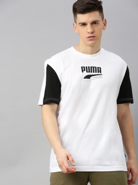 

Puma Men White Solid REBEL Block Round Neck Contrast Sleeves Pure Cotton T-shirt With Printed Detail