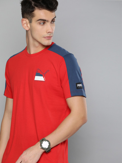 

Puma Men Red Solid Round Neck ATHLETICS Advanced Pure Cotton T-shirt With Printed Detail
