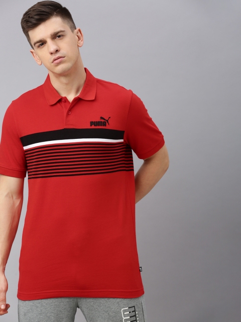 

Puma Men Red & Black Striped Essentials+ Polo Collar T-shirt