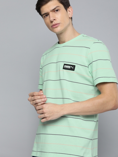 

Puma Men Green & Grey Relaxed Fit FUSION Striped Round Neck T-shirt