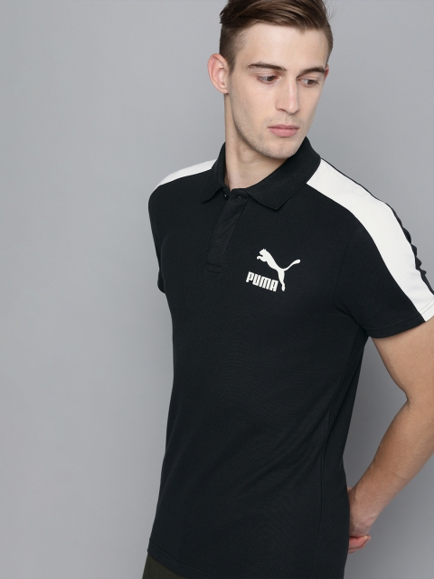 

Puma Men Black Slim Fit Iconic T7 Solid Polo Collar Pure Cotton T-shirt with Printed Detail