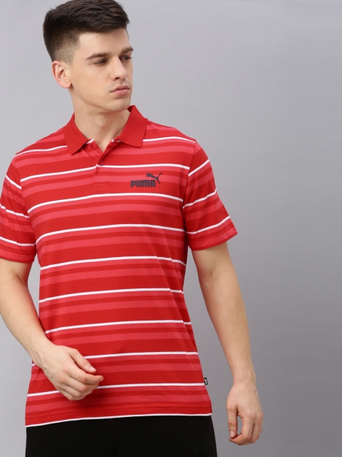 

Puma Men Red White Striped Essentials+ Polo Collar Pure Cotton T-shirt