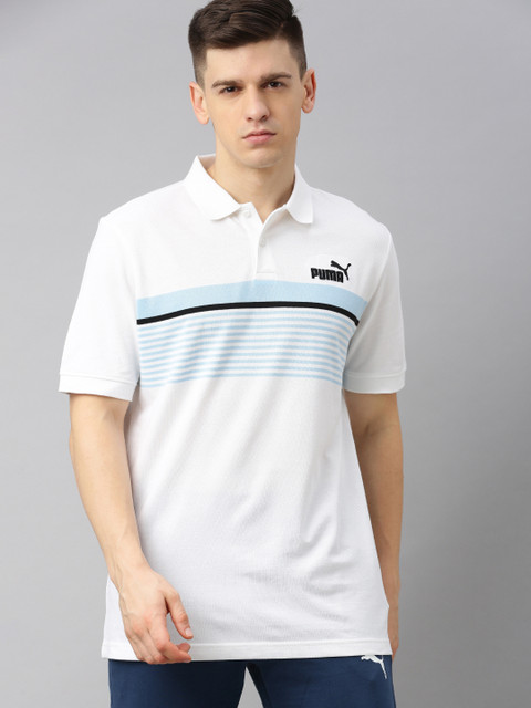 

Puma Men White & Blue Striped Essentials+ Polo Collar T-shirt