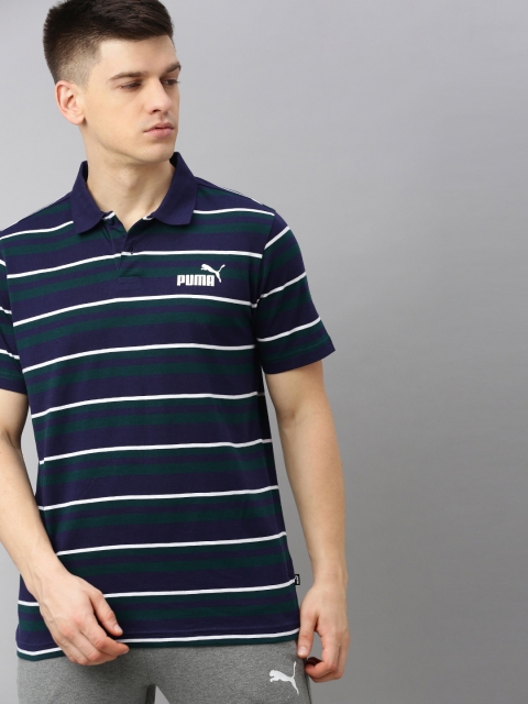 

Puma Men Navy Blue & White Striped Essentials+ Stripe Polo Collar T-shirt