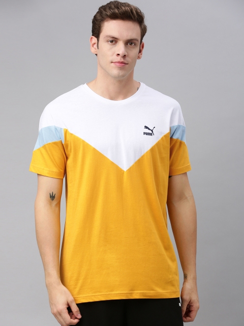 

Puma Men Mustard Yellow & White Colourblocked Round Neck Iconic MCS T-shirt