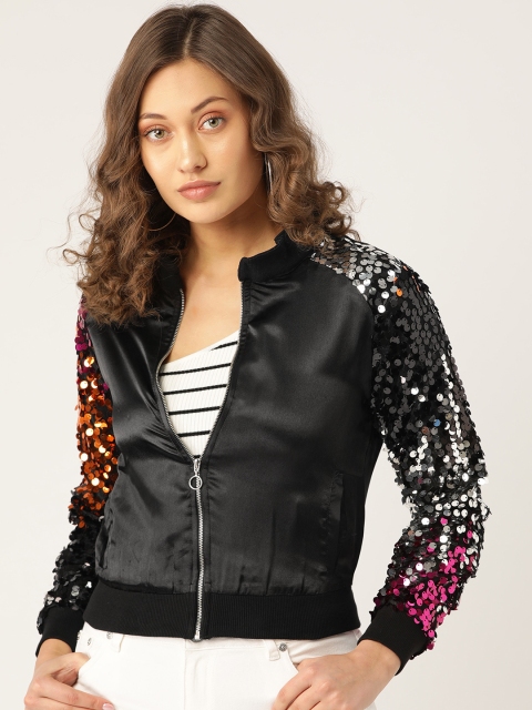 

LA LOFT Women Black Solid Bomber Jacket