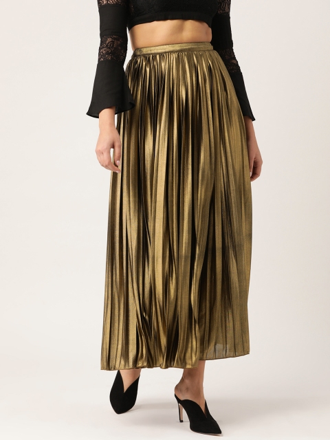 

LA LOFT Women Golden Solid Accordian Pleats Maxi Skirt, Gold
