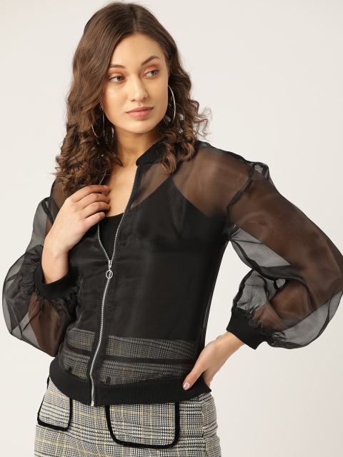 

LA LOFT Women Black Solid Sheer Lightweight Bomber Jacket