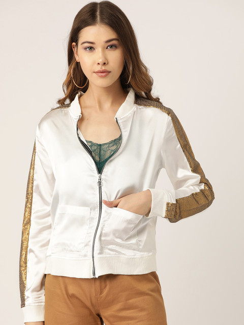 

LA LOFT Women White Solid Lightweight Bomber Jacket With Satin Finish