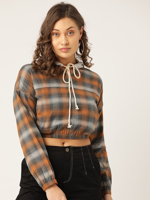 

LA LOFT Women Grey & Orange Checked Crop Hooded Sweatshirt