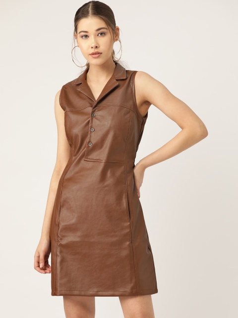 

LA LOFT Women Brown Coated Solid Shirt Dress